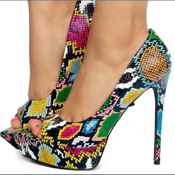 Liliana Shoes - Multi color snake print pointy peep toe platform sandal heels Liliana